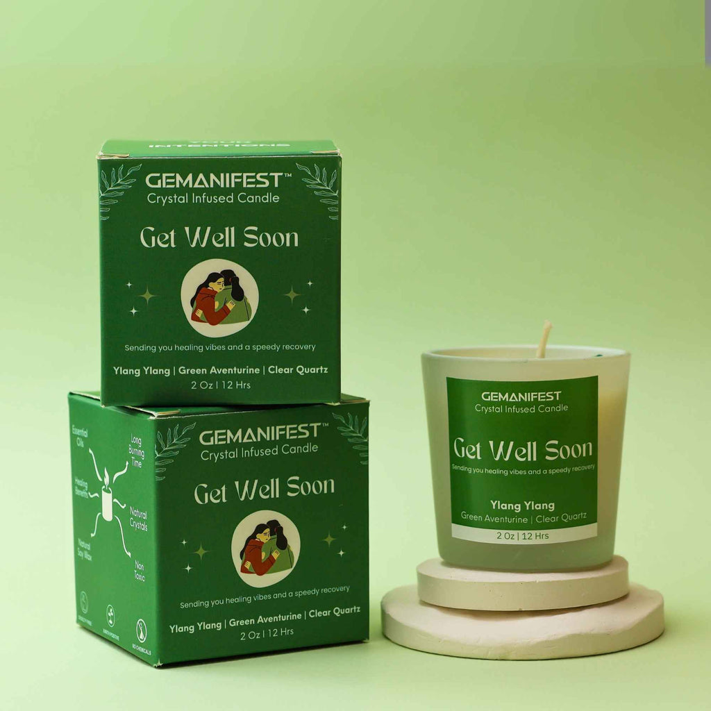 Get Well Soon Manifestation Candle with Green Aventurine and Clear Quartz crystals and Ylang Ylang essential oil for healing and emotional balance.
