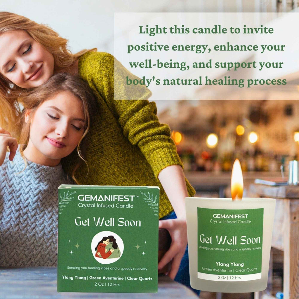 Get Well Soon Manifestation Candle with Green Aventurine and Clear Quartz crystals and Ylang Ylang essential oil for healing and emotional balance.