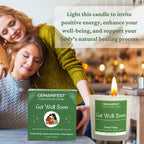 Get Well Soon Manifestation Candle with Green Aventurine and Clear Quartz crystals and Ylang Ylang essential oil for healing and emotional balance.