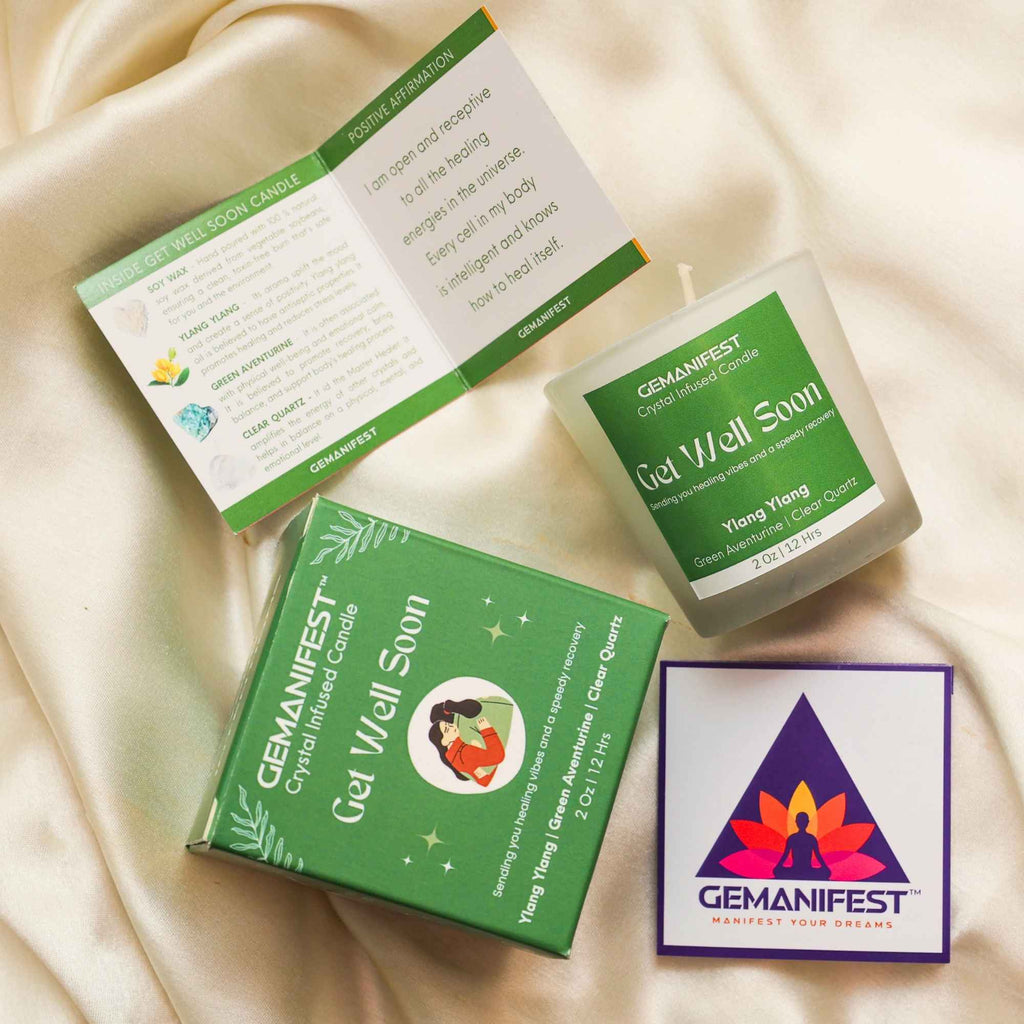 Get Well Soon Manifestation Candle with Green Aventurine and Clear Quartz crystals and Ylang Ylang essential oil for healing and emotional balance.