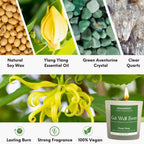 Get Well Soon Manifestation Candle with Green Aventurine and Clear Quartz crystals and Ylang Ylang essential oil for healing and emotional balance.