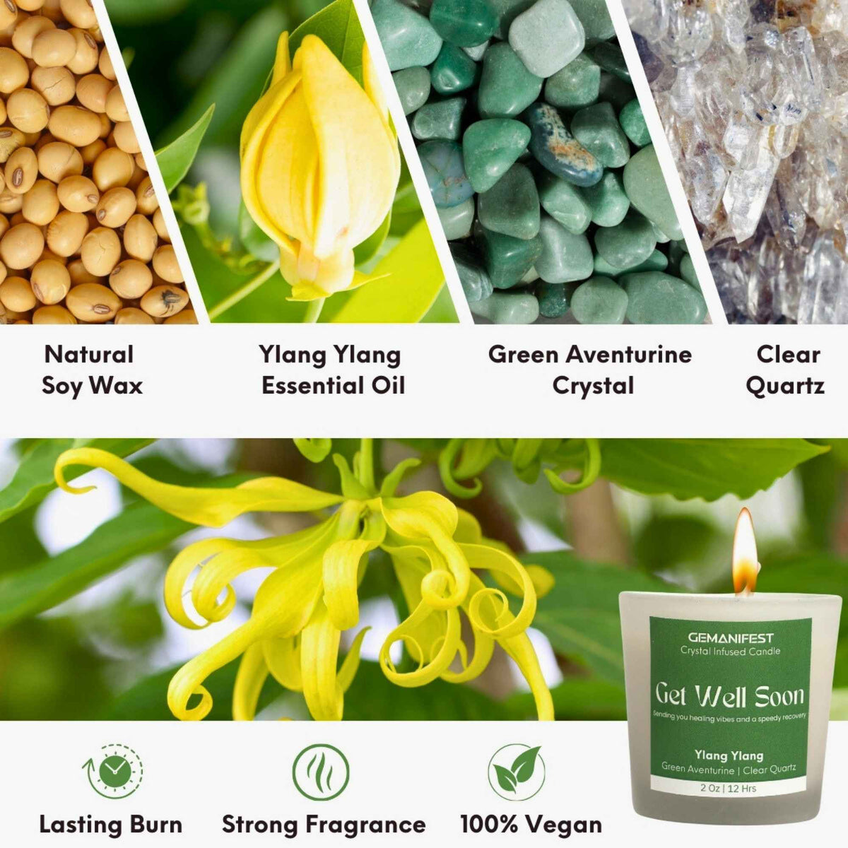 Get Well Soon Manifestation Candle with Green Aventurine and Clear Quartz crystals and Ylang Ylang essential oil for healing and emotional balance.