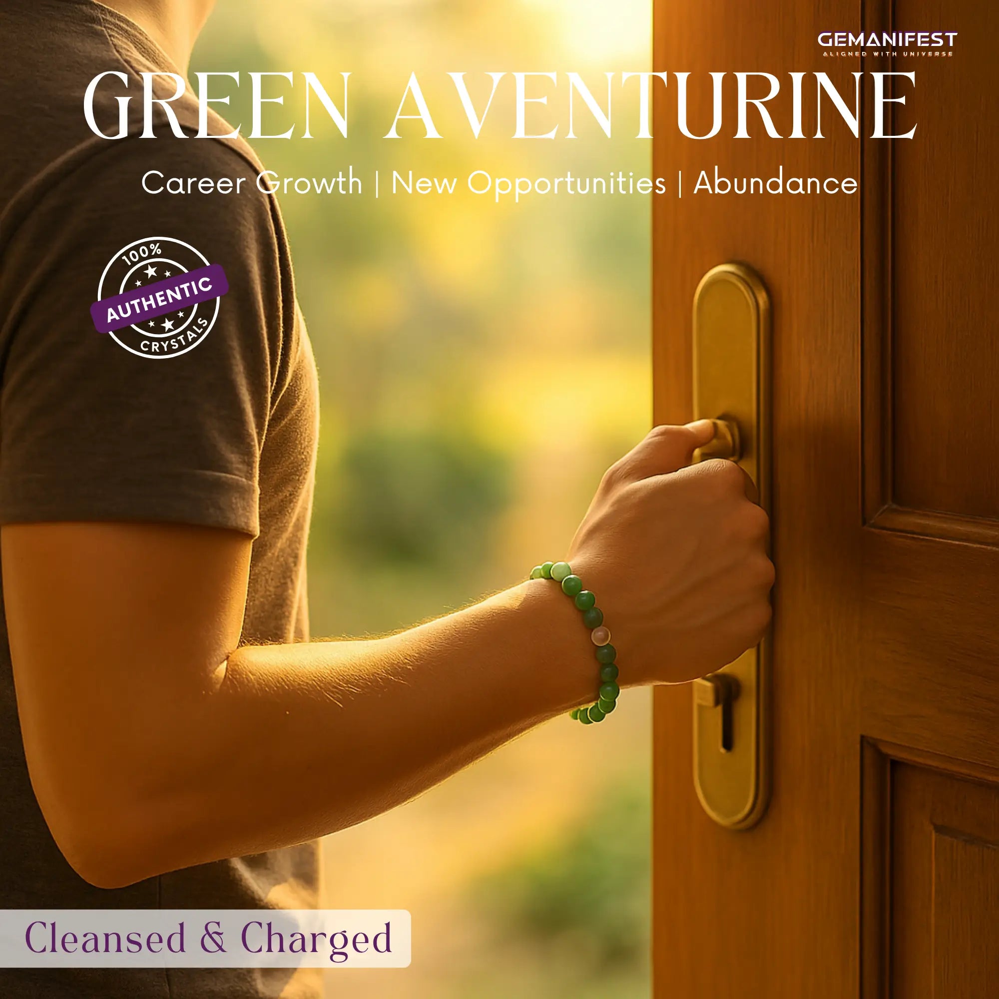 Person opening a wooden door with 'Green Aventurine Bracelet' and brand logo.