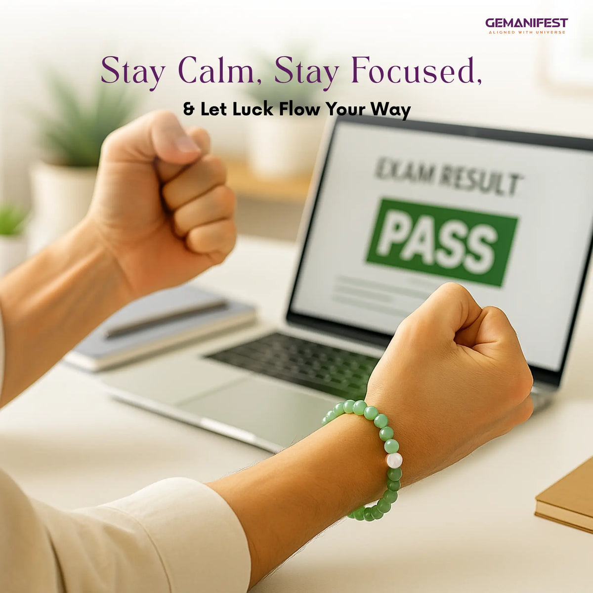 Person with a green aventurine bracelet celebrating exam result on a laptop screen, with motivational text above.