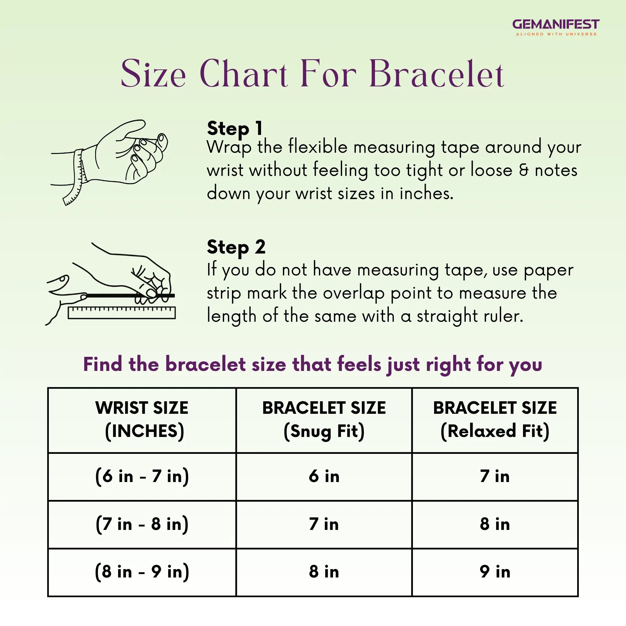Size chart for Green Aventurine bracelet with measurement instructions and a GEMANIFEST logo.
