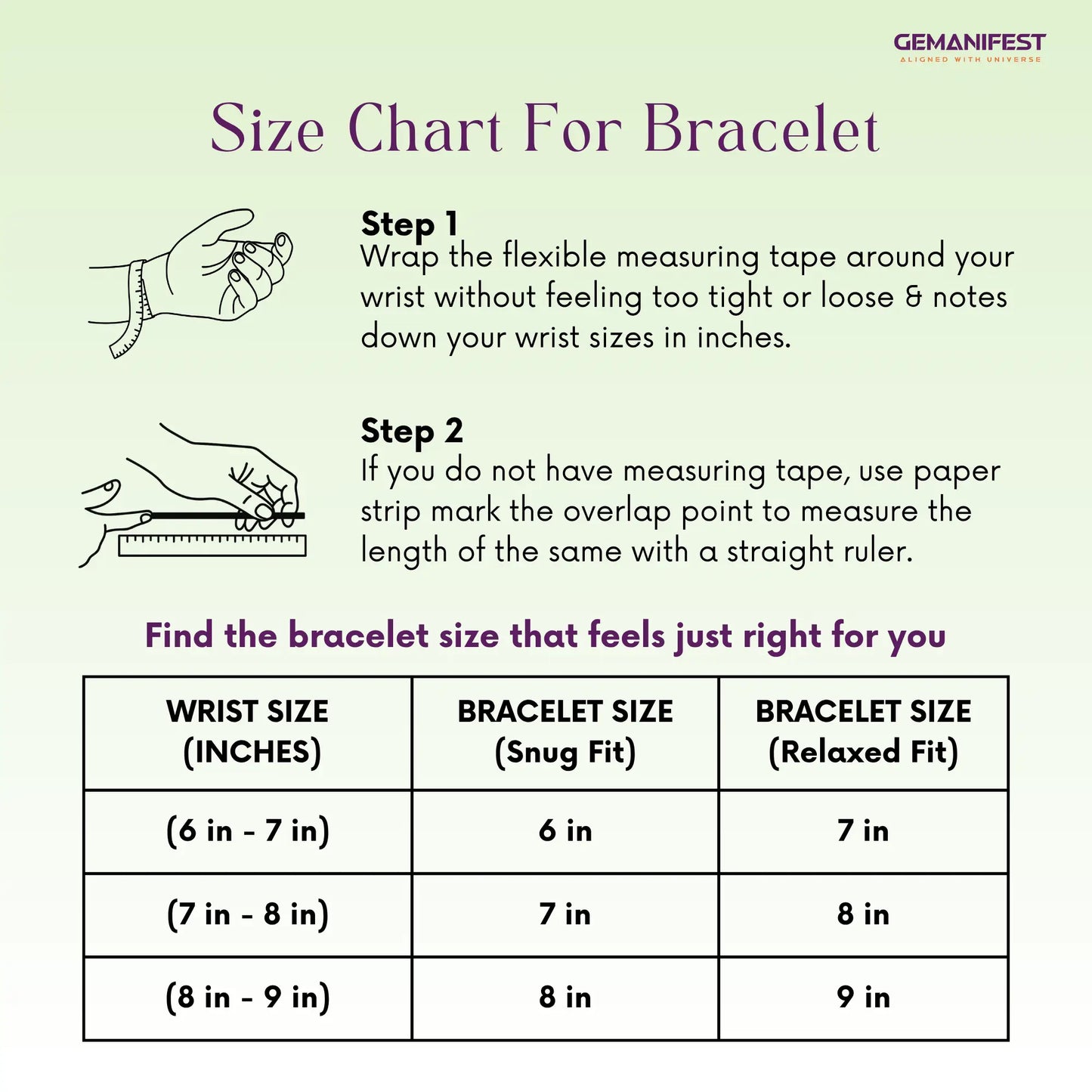 Size chart for Green Aventurine bracelet with measurement instructions and a GEMANIFEST logo.