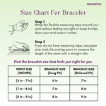 Size chart for Green Aventurine bracelet with measurement instructions and a GEMANIFEST logo.