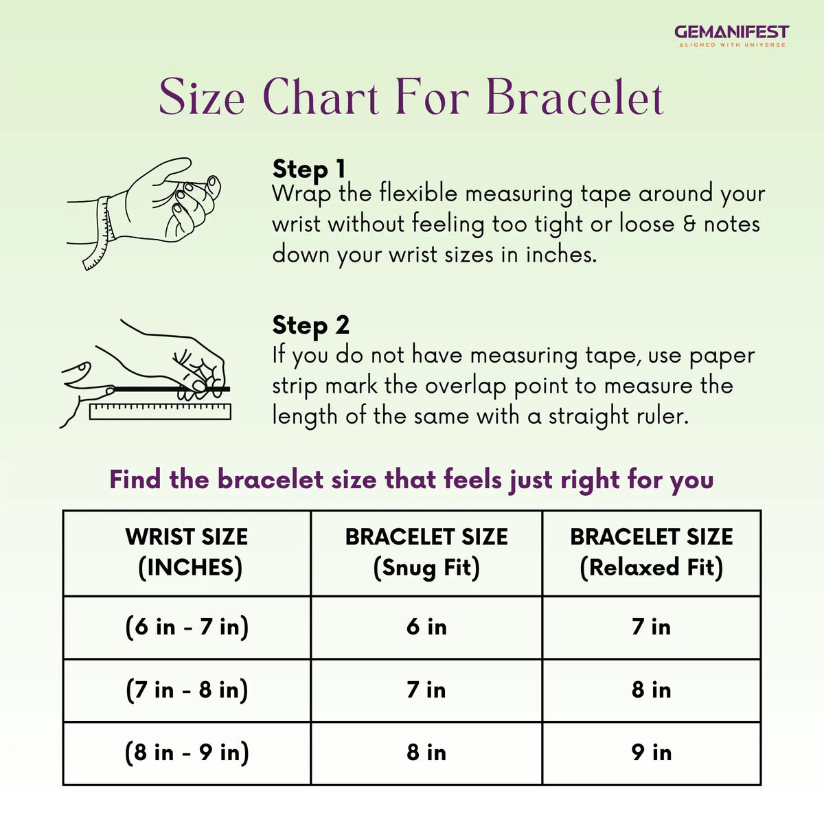 Size chart for Green Aventurine bracelet with measurement instructions and a GEMANIFEST logo.