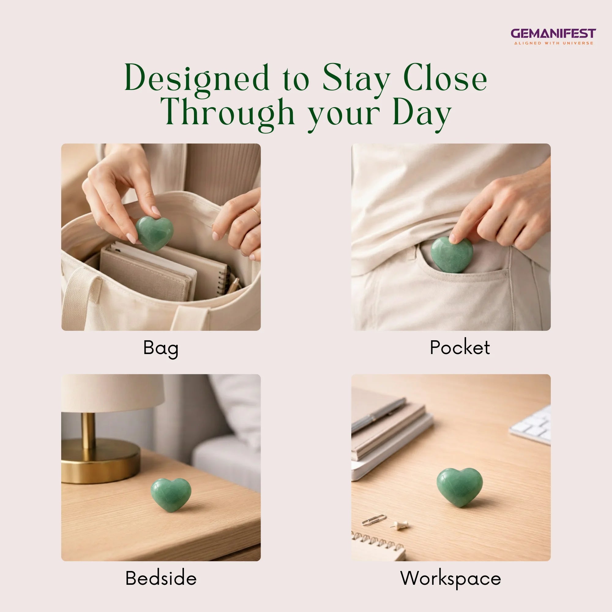 Green heart-shaped object being used in various settings with 'GEMANIFEST' branding.