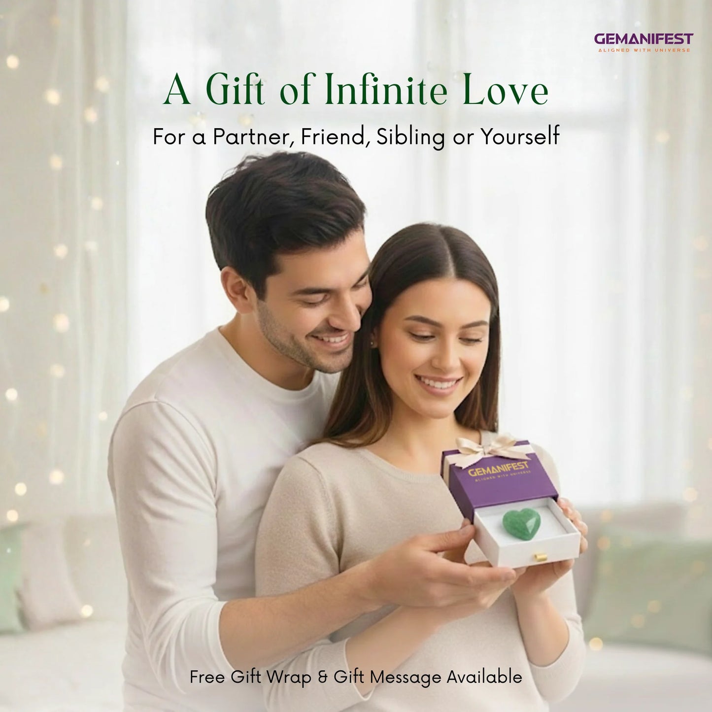 Couple holding a gift box with 'GEMANIFEST' branding, surrounded by soft lighting.