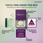 GEMANIFEST product packaging with bracelet, guide, and certificate on a light purple background