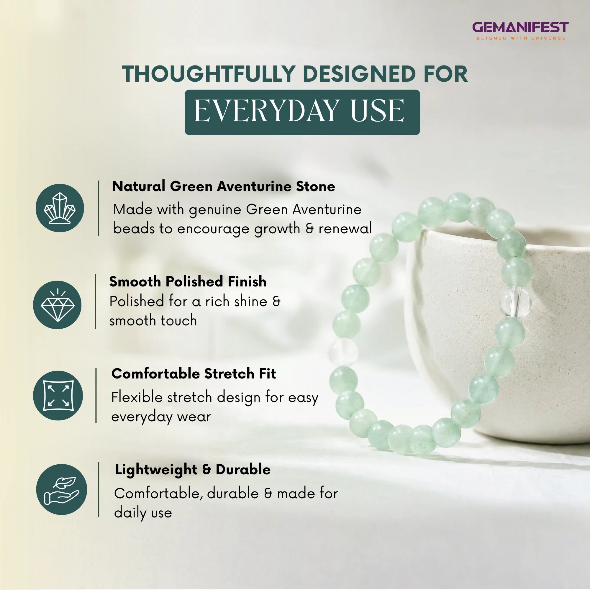 Green aventurine bracelet with product features on a light background