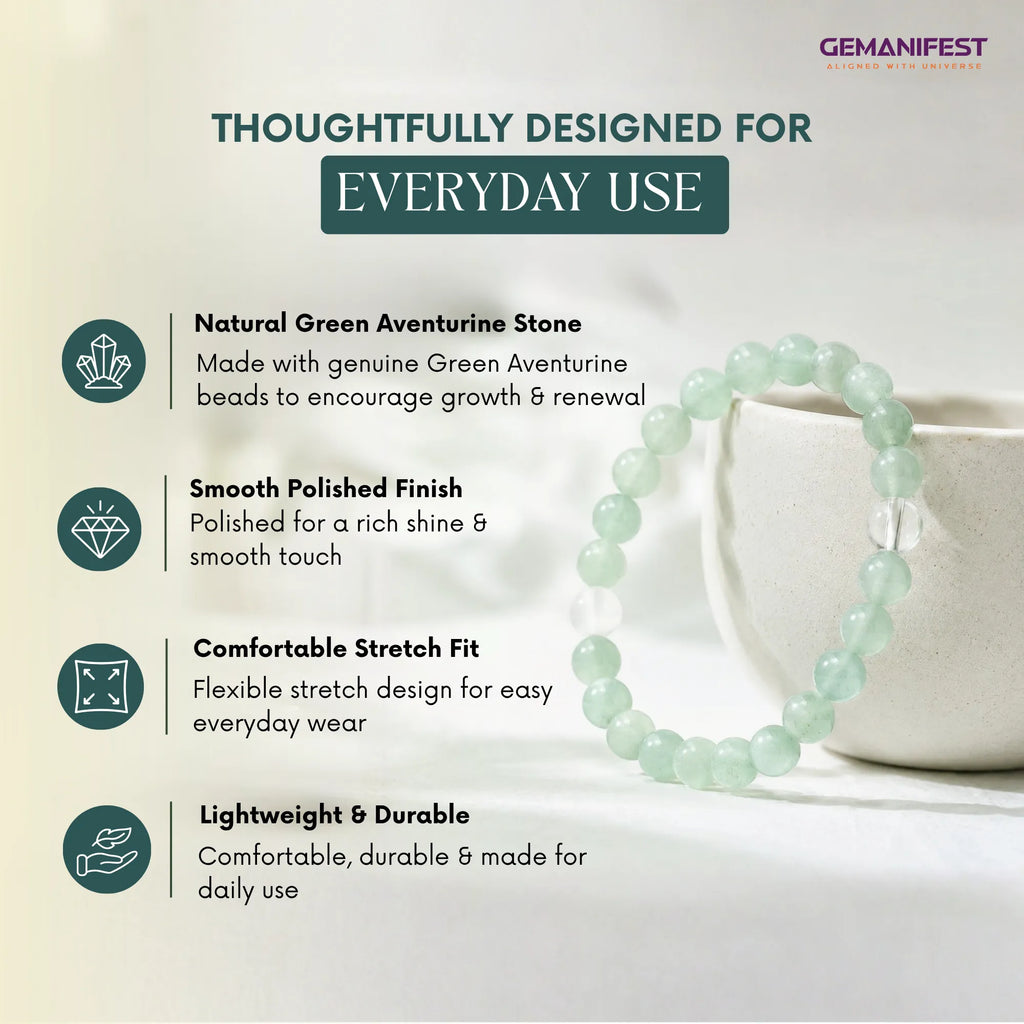 Green aventurine bracelet with product features on a light background