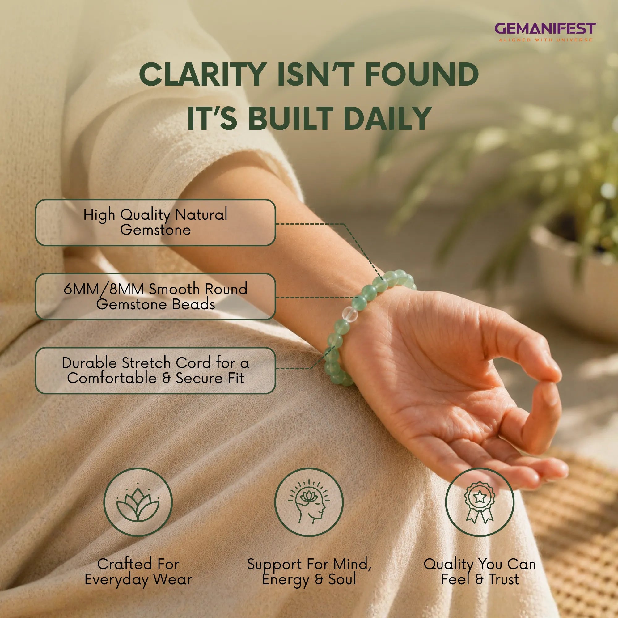 Person wearing a green gemstone bracelet with product features highlighted, set against a blurred indoor background.