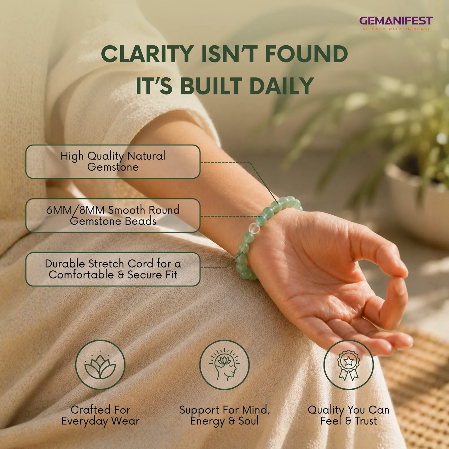 Person wearing a green gemstone bracelet with product features highlighted, set against a blurred indoor background.