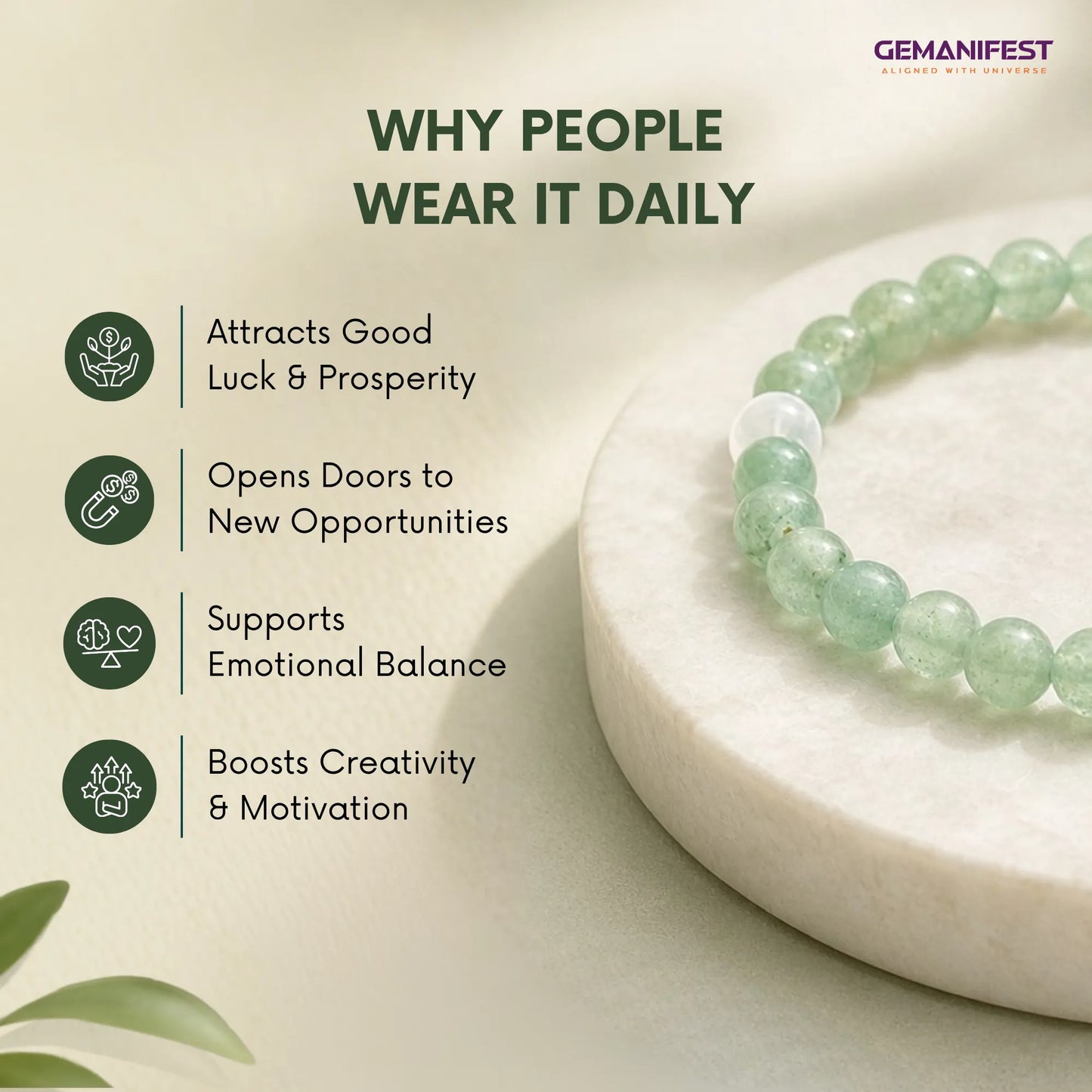 Green beaded bracelet on a white stone with GEMANIFEST branding and benefits listed.