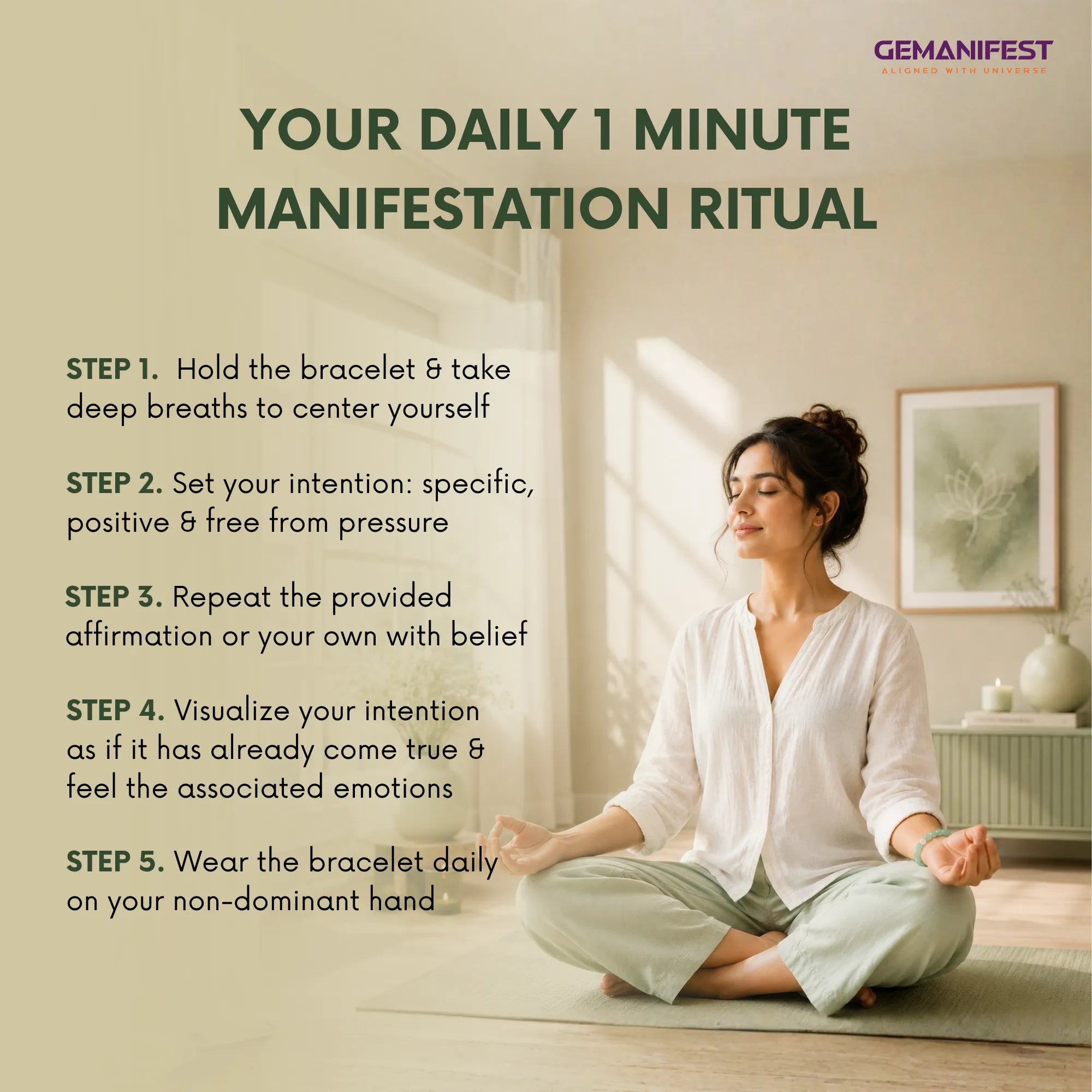 Woman meditating in a room with text on a daily manifestation ritual.