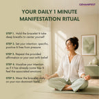 Woman meditating in a room with text on a daily manifestation ritual.