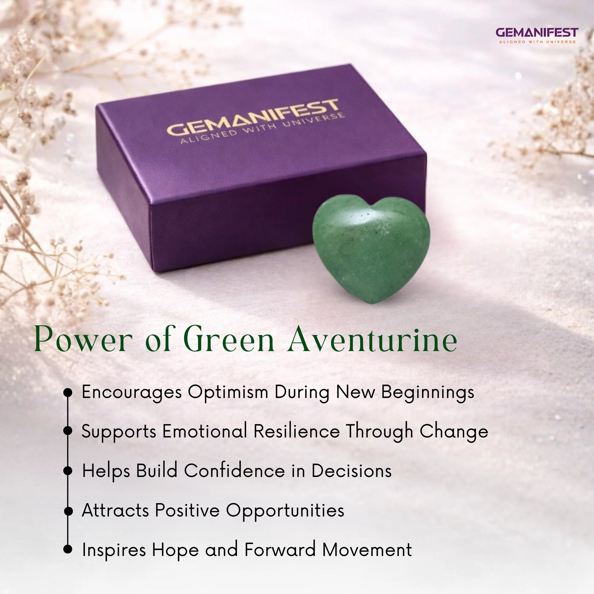Gemanifest green aventurine stone and box on a light background