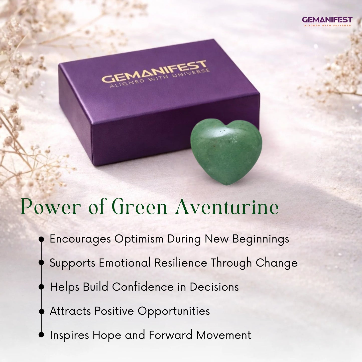 Gemanifest green aventurine stone and box on a light background