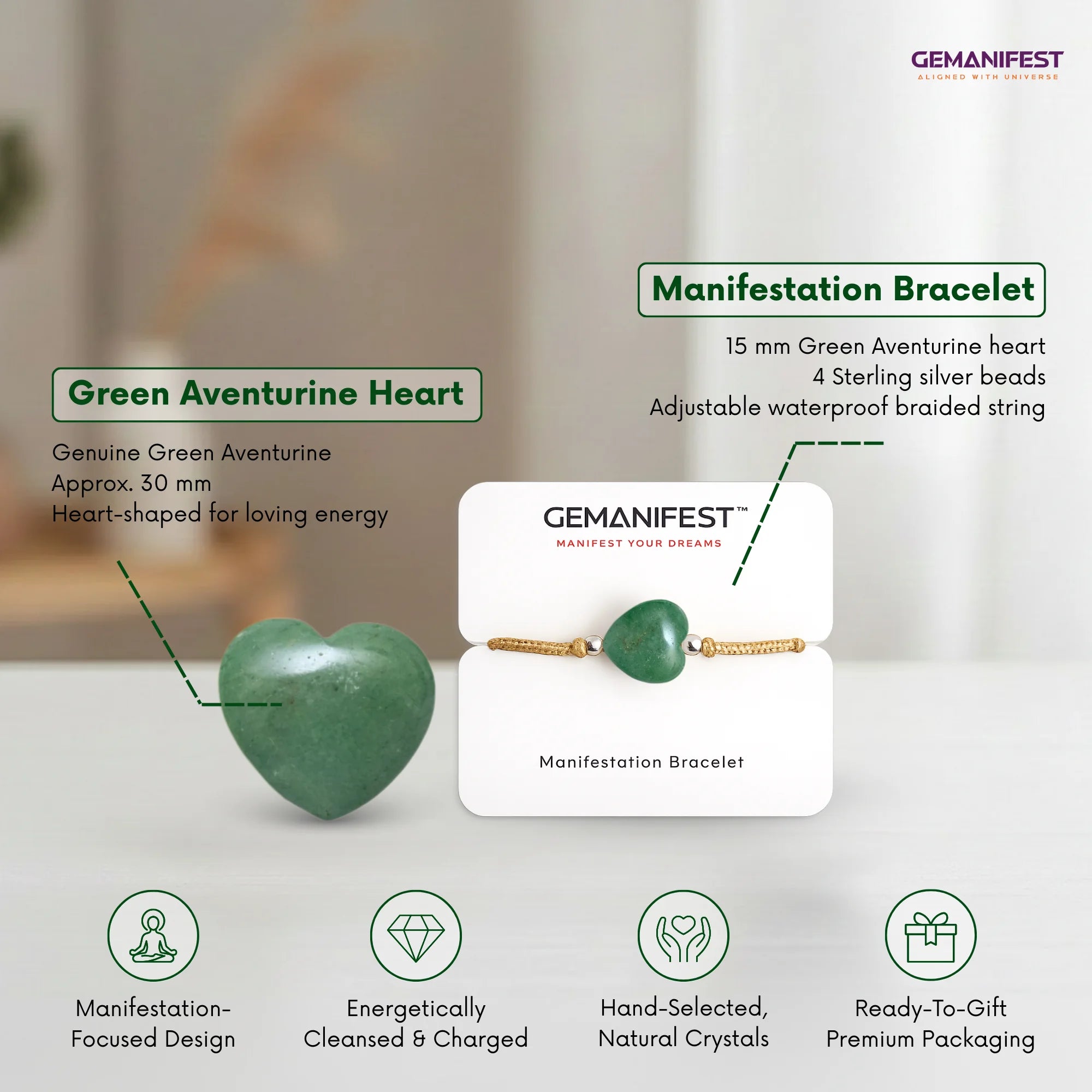 Green aventurine heart and bracelet with Gemanifest branding on a blurred background