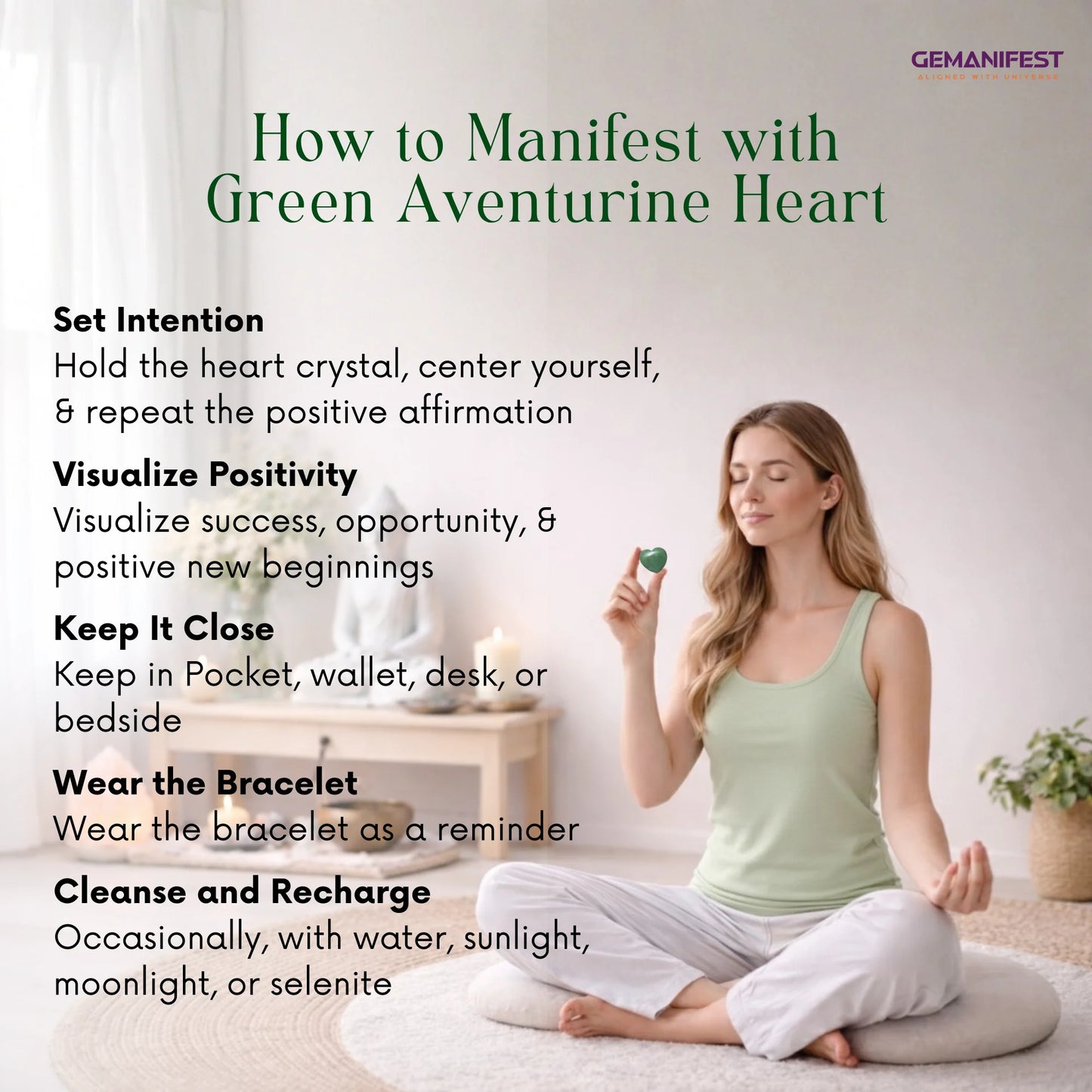 Woman meditating with a green aventurine heart crystal, surrounded by text on manifesting with the stone.