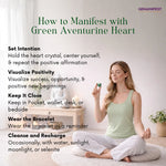 Woman meditating with a green aventurine heart crystal, surrounded by text on manifesting with the stone.
