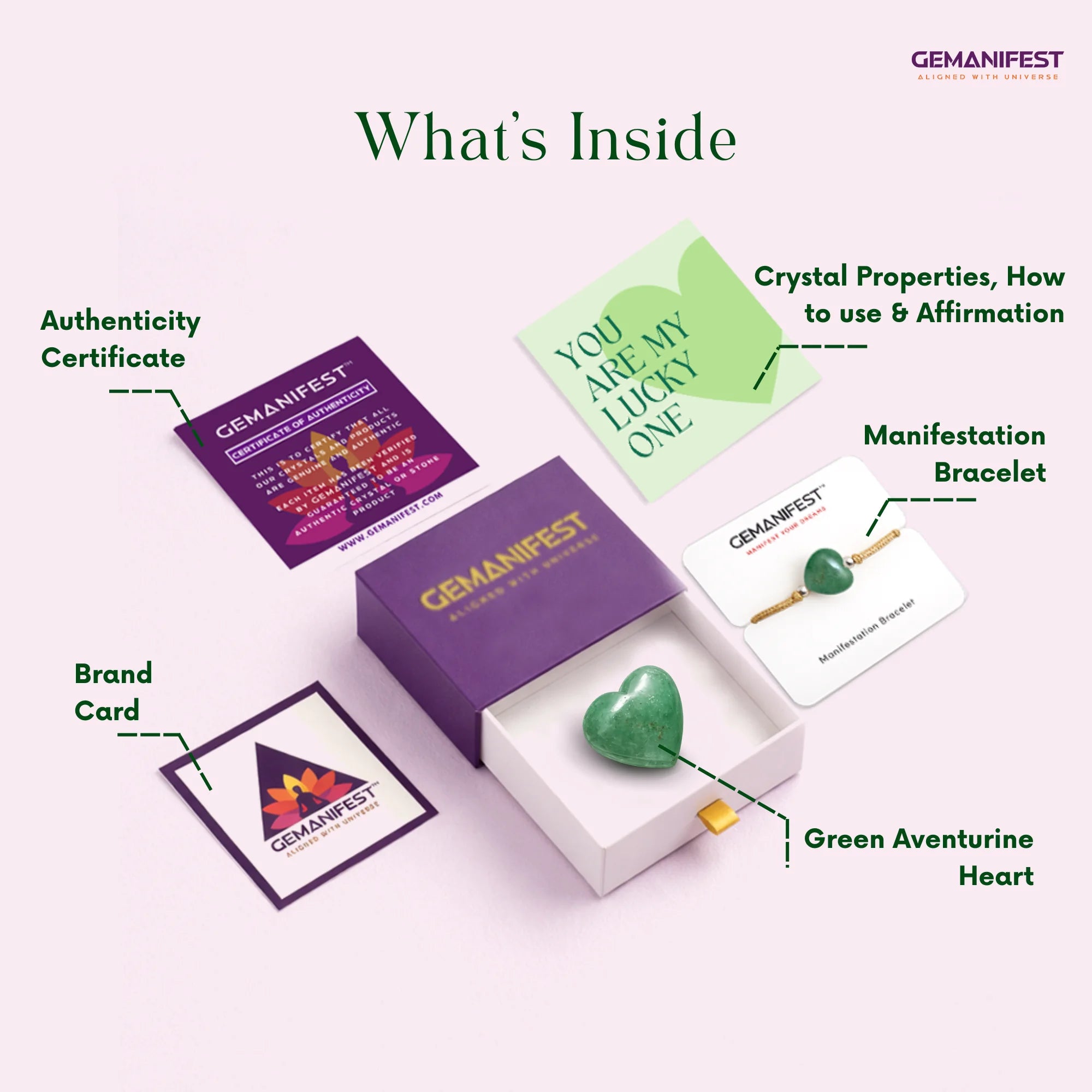 GEMANIFEST product set with green aventurine heart, bracelet, and cards on a white background