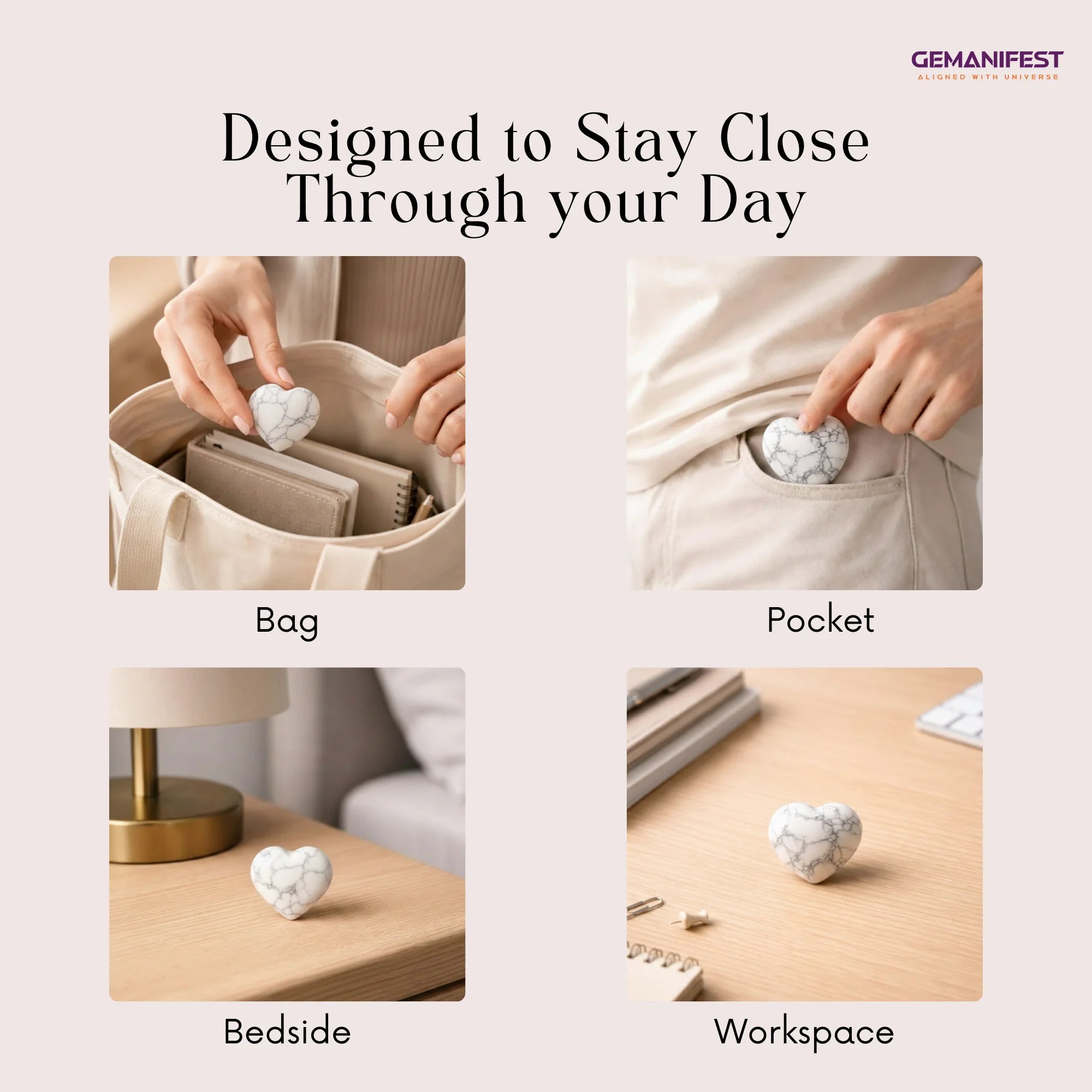 howlite being used in various settings with text 'Designed to Stay Close Through your Day' and brand name 'GEMANIFEST'.