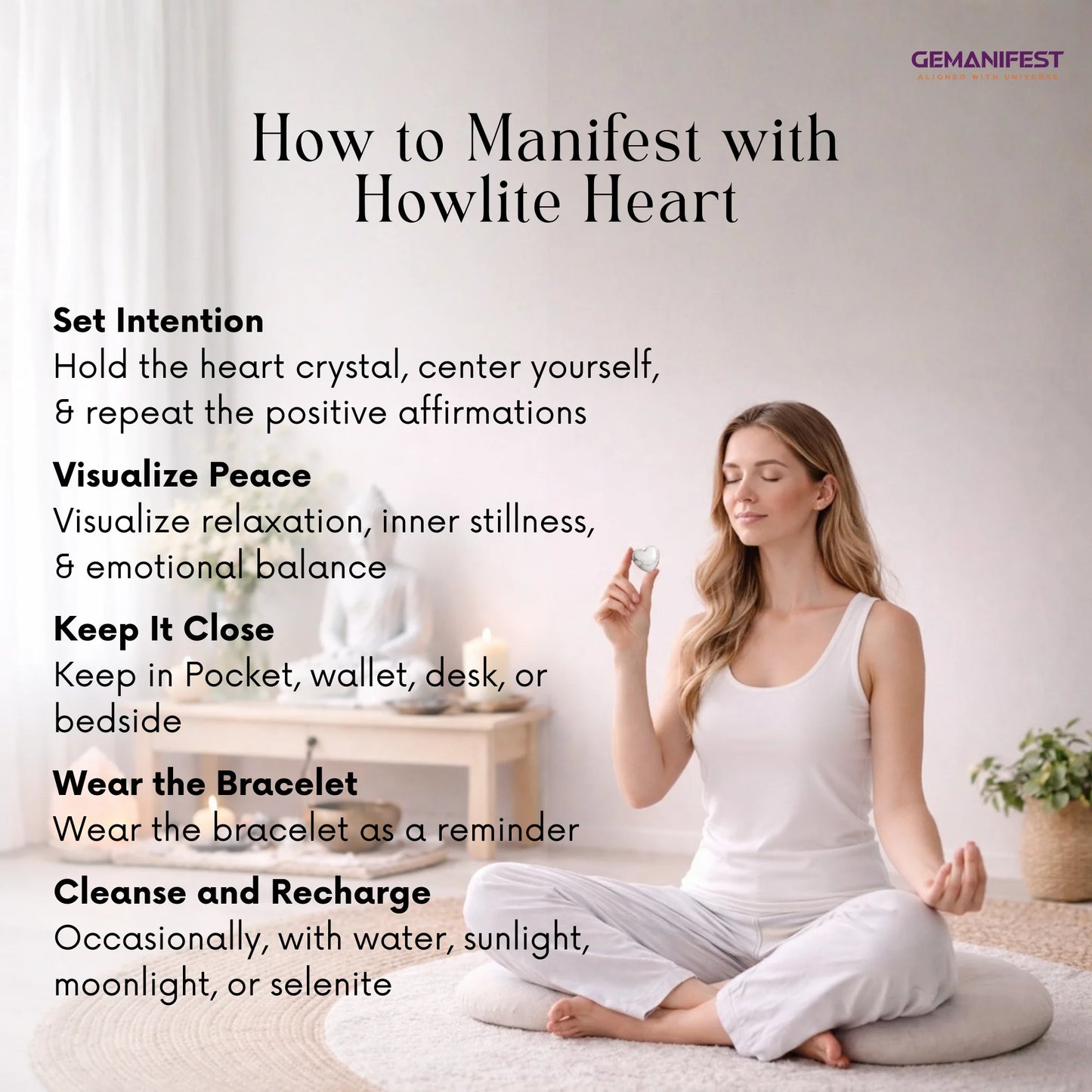Woman meditating with text on how to manifest using a Howlite Heart crystal.
