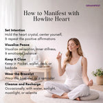 Woman meditating with text on how to manifest using a Howlite Heart crystal.