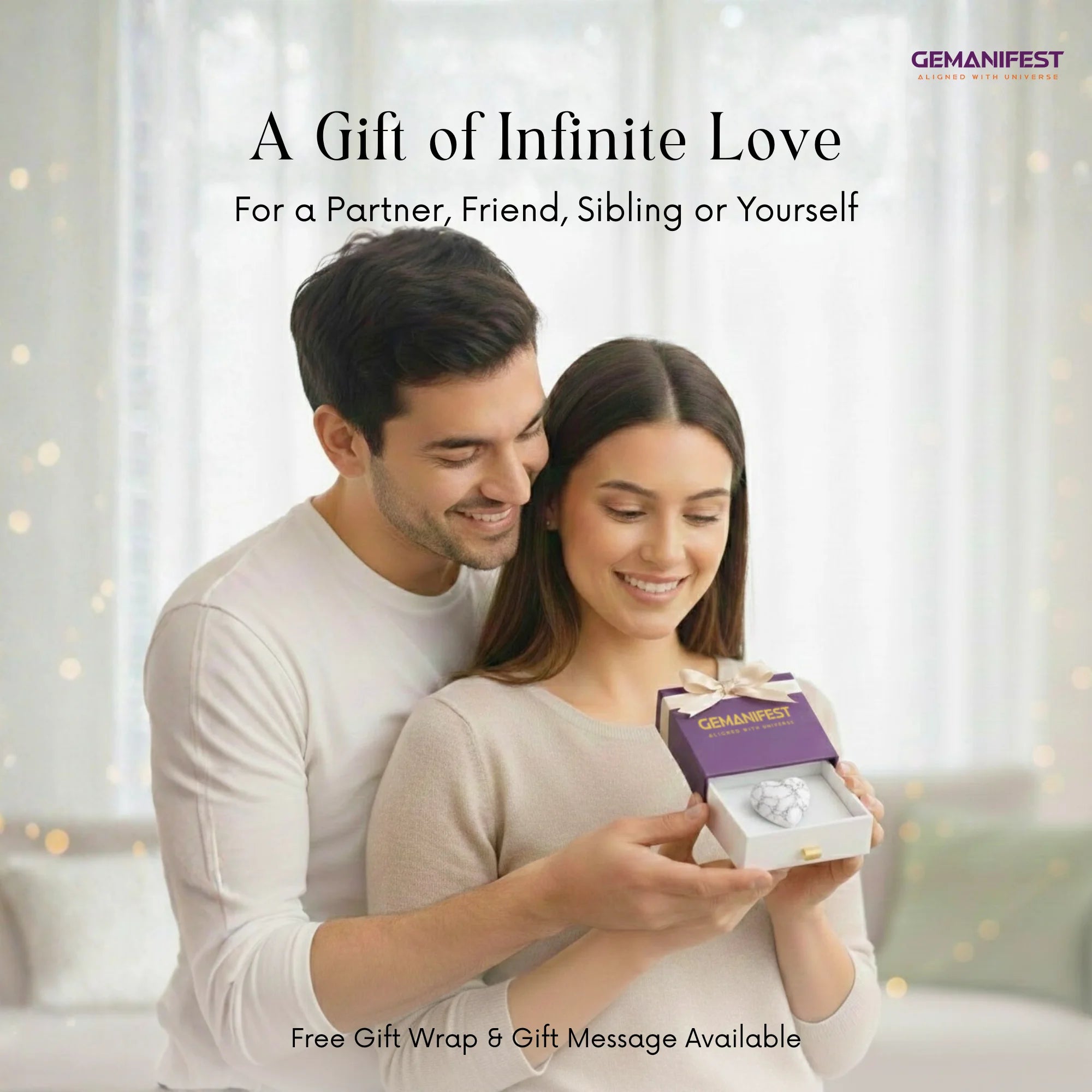Couple holding a box with 'GEMANIFEST' branding, surrounded by soft lighting.