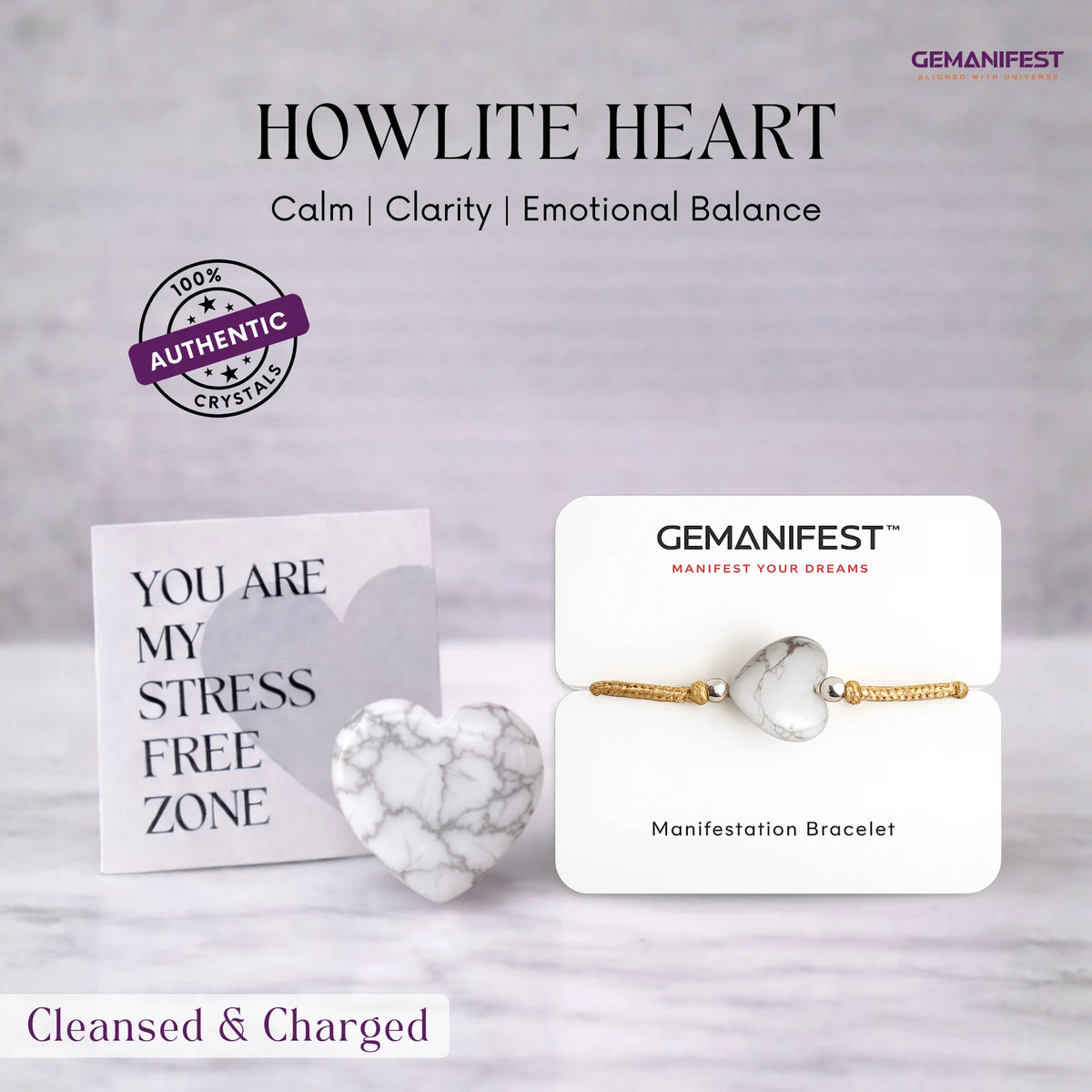 Gemanifest Howlite Heart crystal bracelet with packaging and card on a gray background