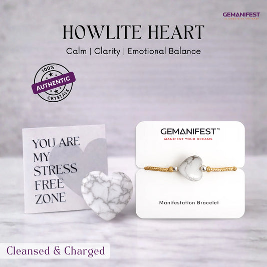 Gemanifest Howlite Heart crystal bracelet with packaging and card on a gray background