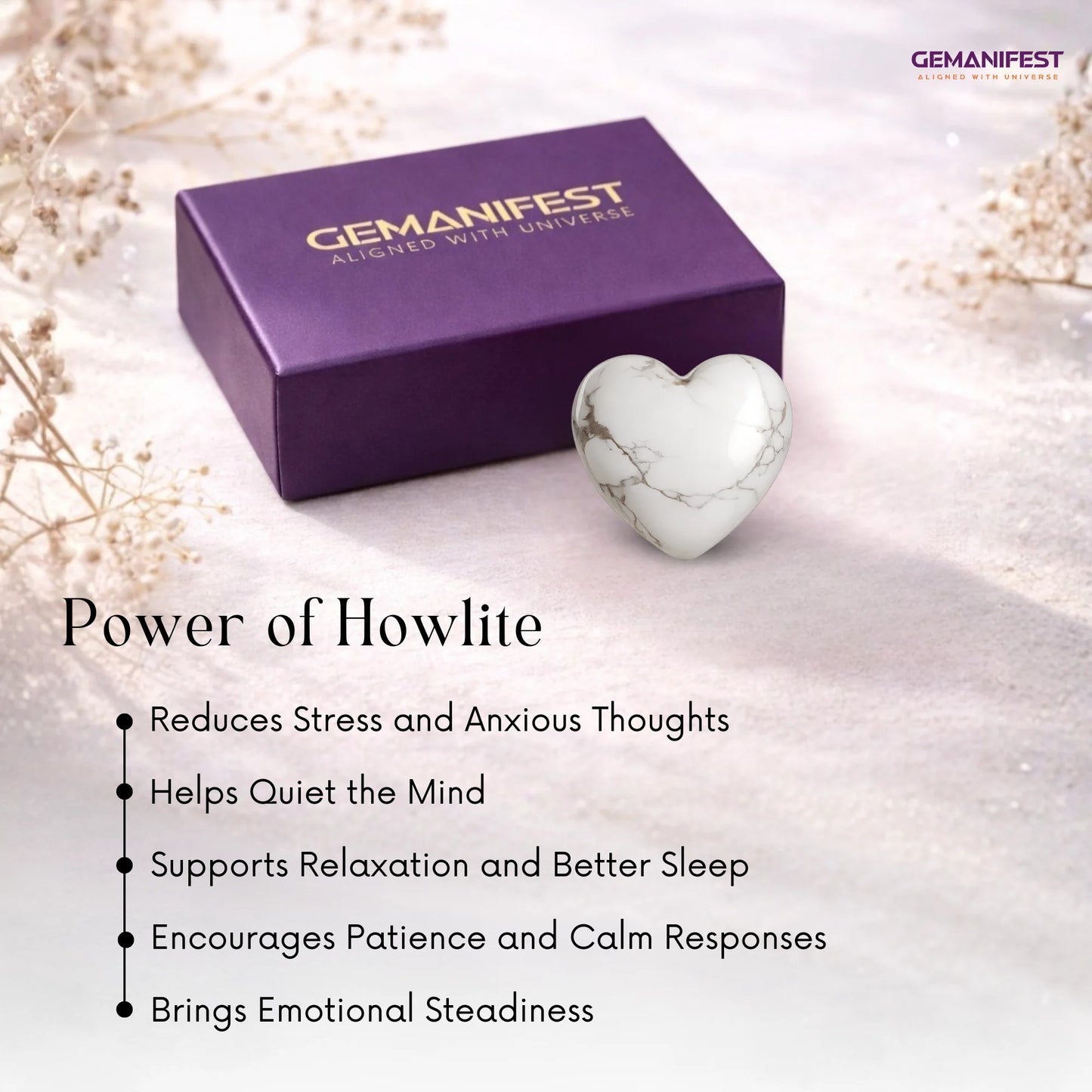 Gemanifest howlite stone with packaging on a soft background