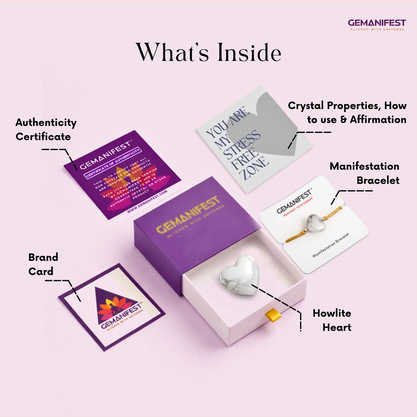 GEMANIFEST product set with howlite heart, bracelet, brand card, and authenticity certificate on a pink background.