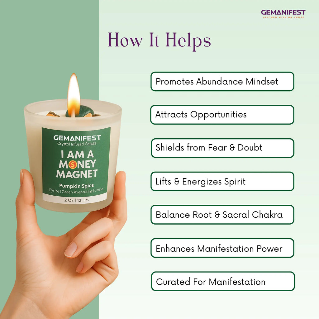 Candle with a label 'I AM A MONEY MAGNET' held by a hand, against a green background with text about the candle's benefits.