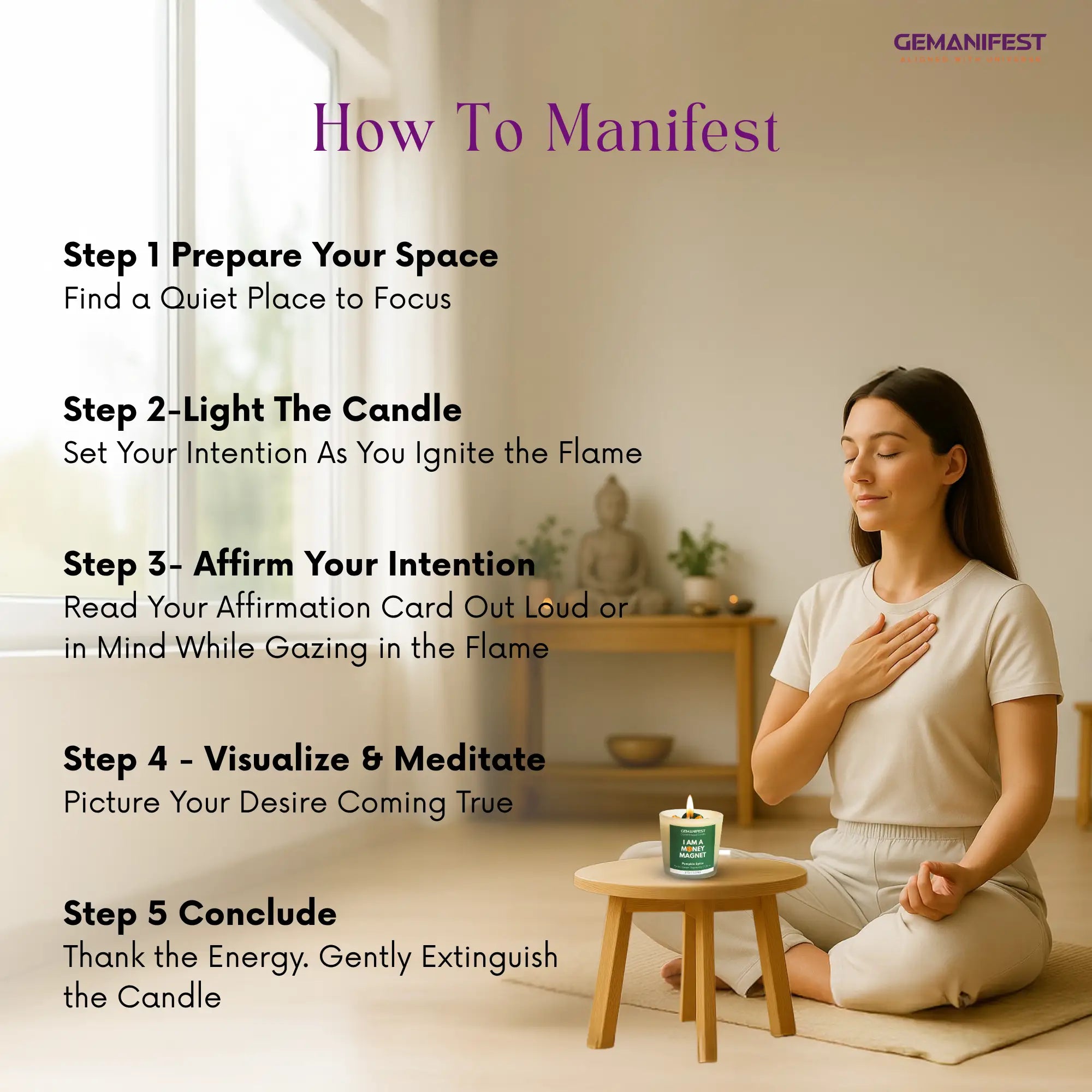 Woman meditating with i'm a money magnet candle in a peaceful room, accompanied by steps on how to manifest.