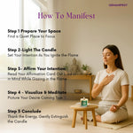 Woman meditating with i'm a money magnet candle in a peaceful room, accompanied by steps on how to manifest.