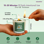 Candle with 'I AM A MONEY MAGNET' text being lit, held by a hand, with specification on a green background.