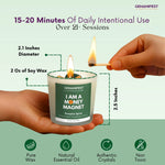 Candle with 'I AM A MONEY MAGNET' text being lit, held by a hand, with specification on a green background.