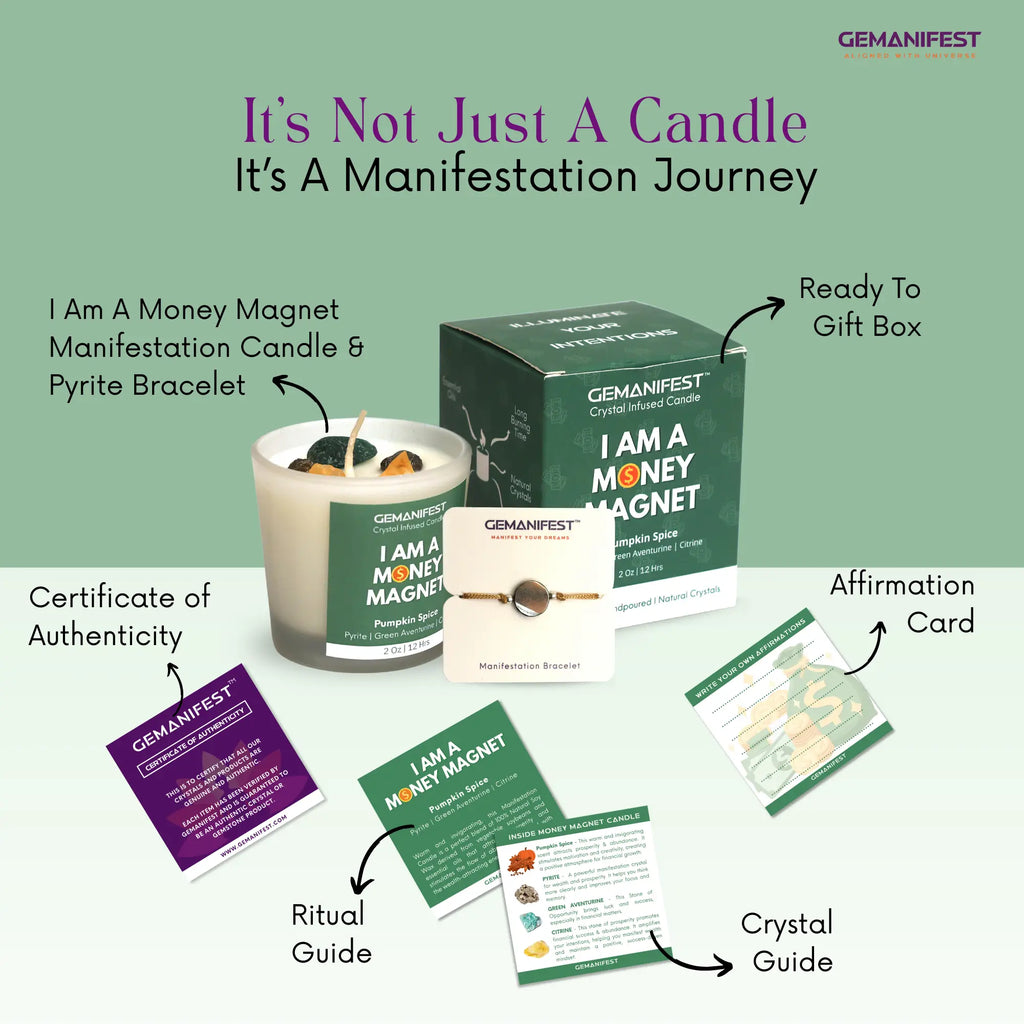 GEMANIFEST candle set with packaging, candle, and Ritual guide and Affirmation card on a green background
