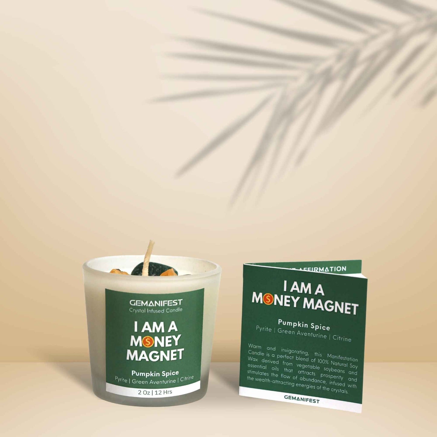 Money Magnet Manifestation Candle with affirmation card for Wealth, Prosperity, and Abundance.