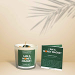 Money Magnet Manifestation Candle with affirmation card for Wealth, Prosperity, and Abundance.