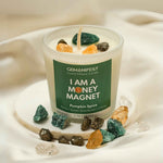 Money Magnet Manifestation Candle with Pyrite, Green Aventurine, and Citrine for Wealth, Prosperity, and Abundance.