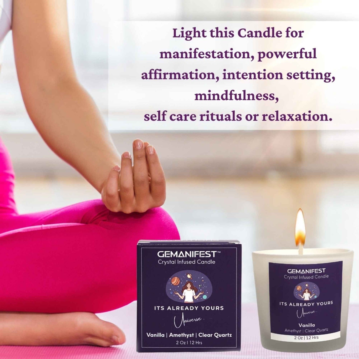 It’s Already Yours Manifestation Candle with Amethyst and Clear Quartz crystals and Vanilla essential oil for abundance and intuition.