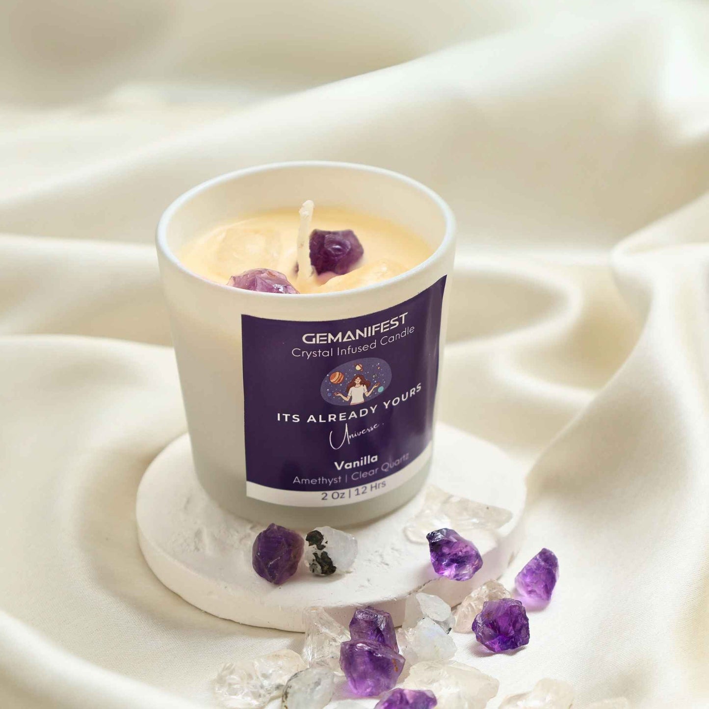 It’s Already Yours Manifestation Candle with Amethyst and Clear Quartz crystals and Vanilla essential oil for abundance and intuition.
