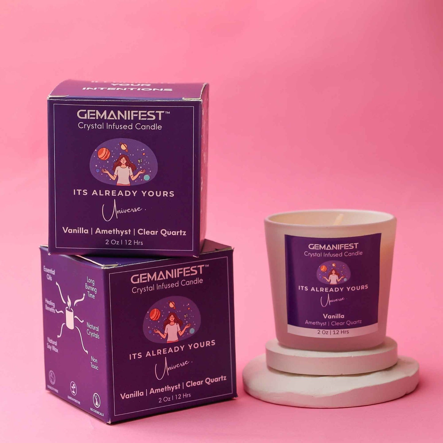 It’s Already Yours Manifestation Candle with Amethyst and Clear Quartz crystals and Vanilla essential oil for abundance and intuition.