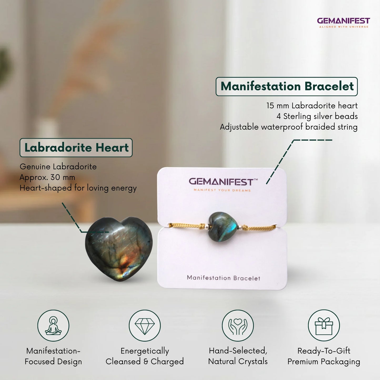Gemanifest Labradorite Heart Manifestation Bracelet with product details on a white background