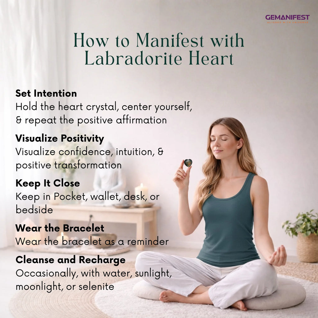 Woman meditating with a crystal, surrounded by text on how to manifest with Labradorite Heart, in a home setting.